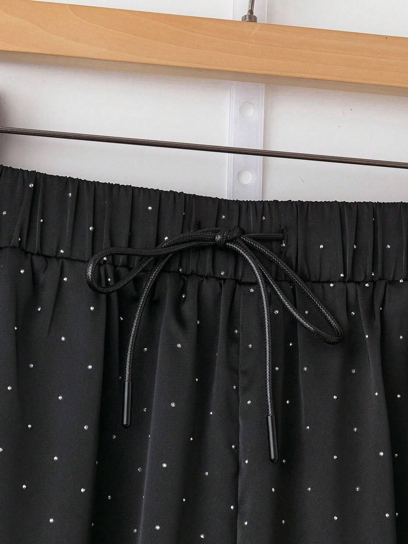 Franclia 1pc Ladies High Waist Rhinestone Satin Elastic Waist Drawstring Loose Straight Leg Pants shein