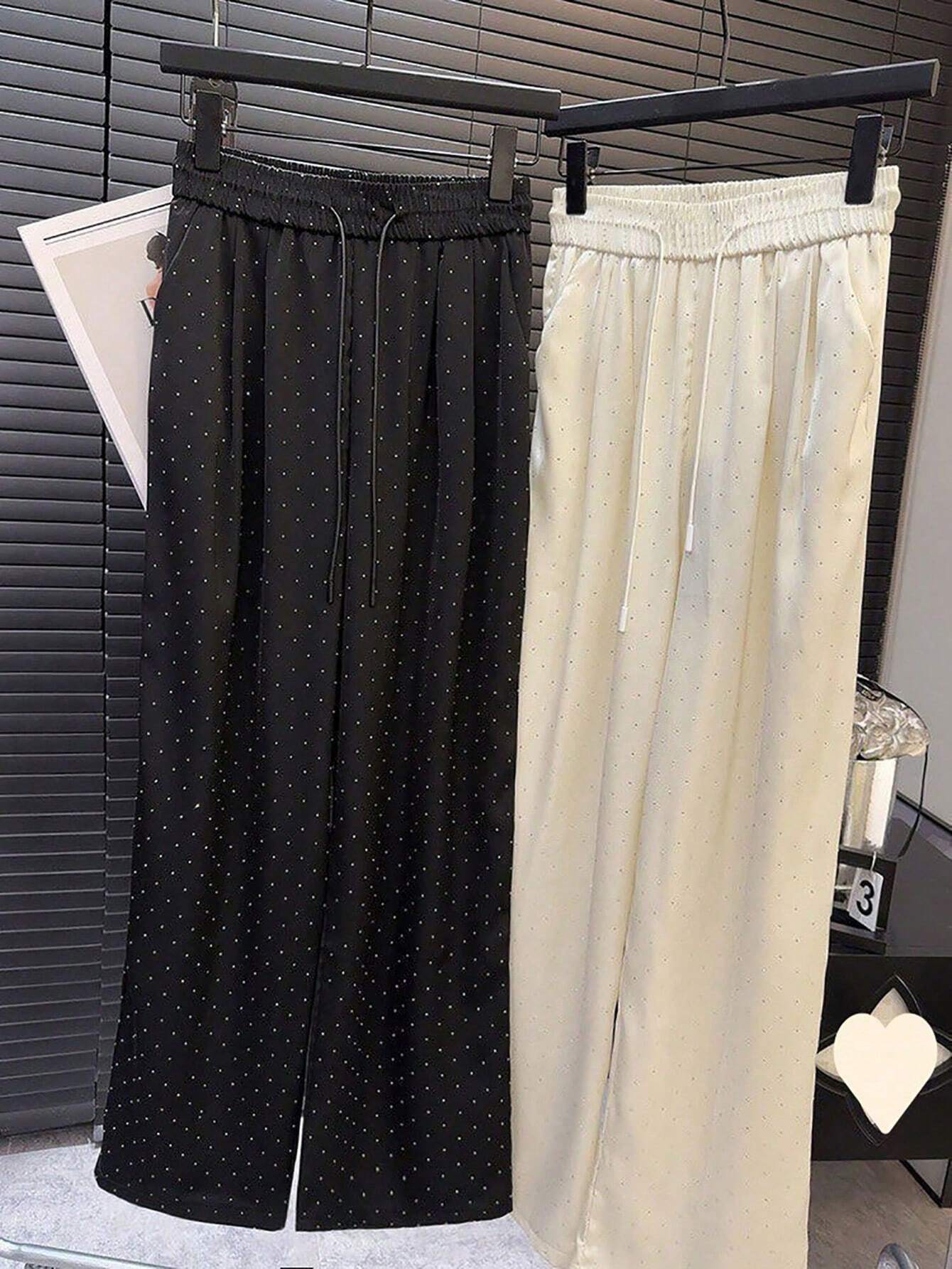 Franclia 1pc Ladies High Waist Rhinestone Satin Elastic Waist Drawstring Loose Straight Leg Pants shein