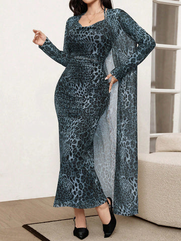 Modely 2pcs/Set Leopard Print Mesh Sleeveless Dress And Cardigan Shawl