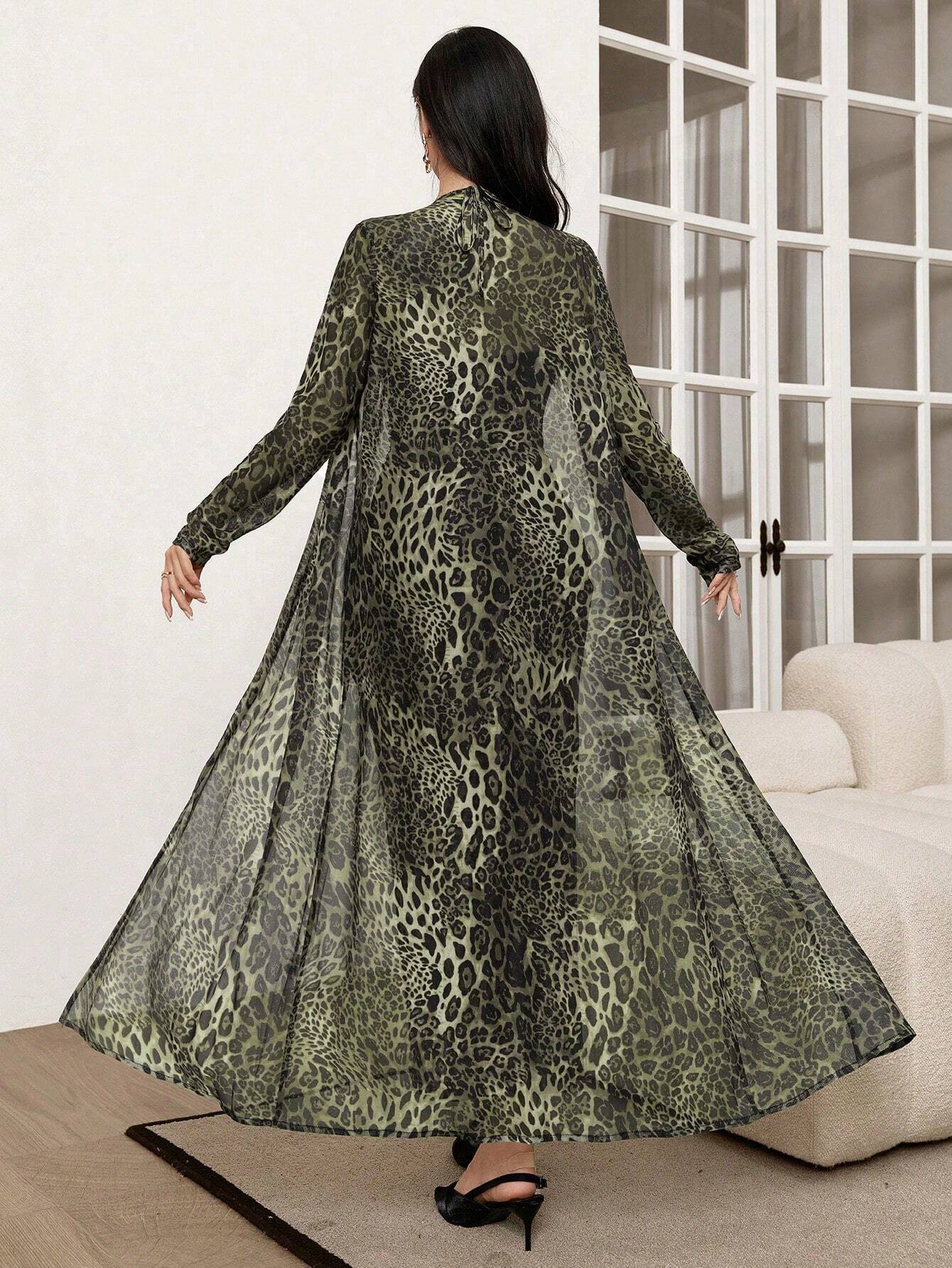 Modely 2pcs/Set Leopard Print Mesh Sleeveless Dress And Cardigan Shawl shein