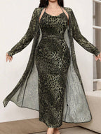 Modely 2pcs/Set Leopard Print Mesh Sleeveless Dress And Cardigan Shawl shein