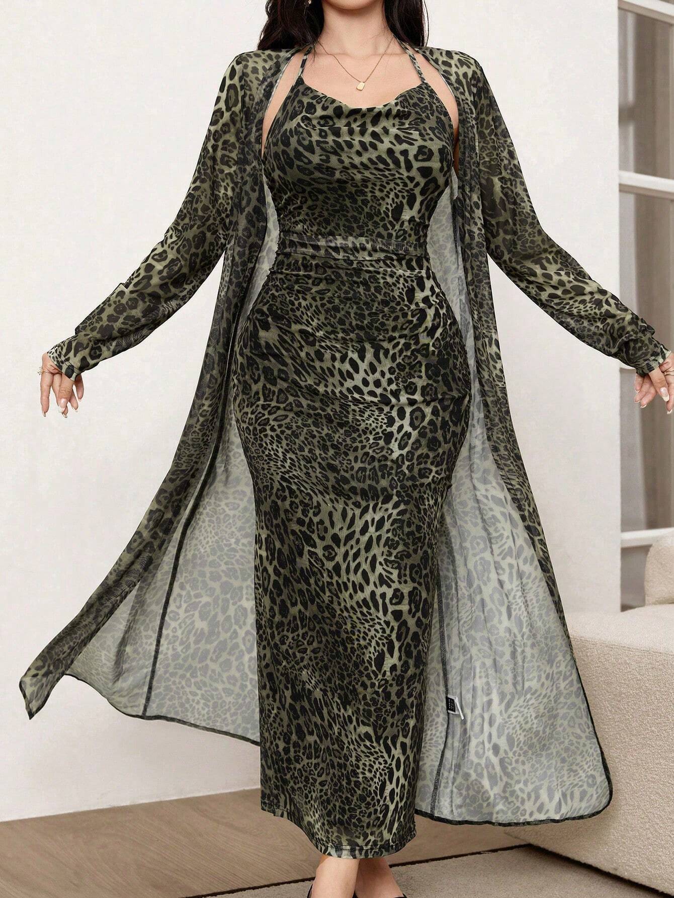 Modely 2pcs/Set Leopard Print Mesh Sleeveless Dress And Cardigan Shawl shein