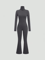 MOOSTA Black Fleece Ribbed Fabric High Neck Fitted Retro Flare Minimalist Casual Women's Jumpsuit shein