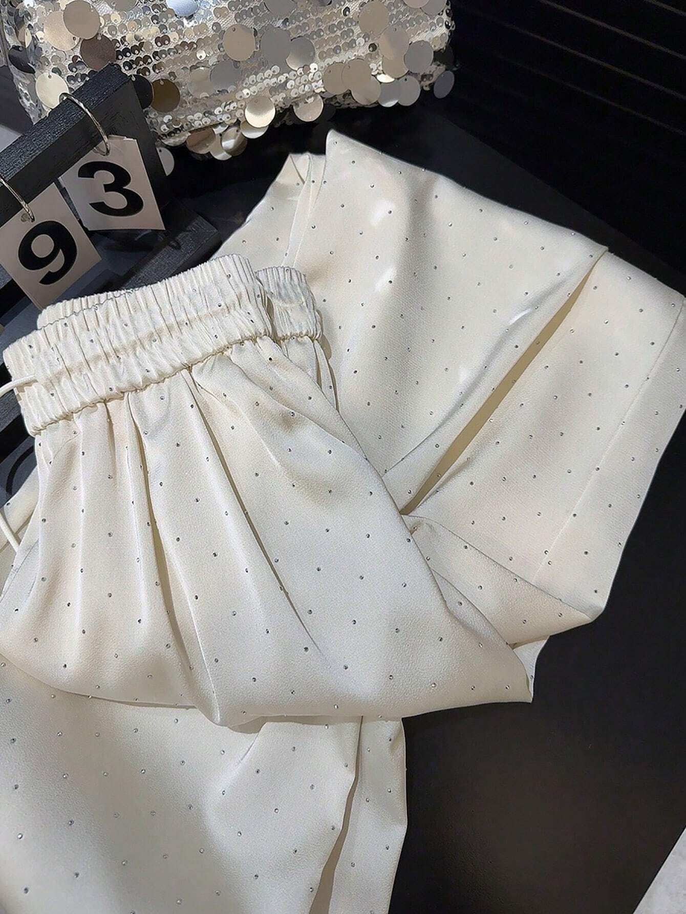 Franclia 1pc Ladies High Waist Rhinestone Satin Elastic Waist Drawstring Loose Straight Leg Pants shein