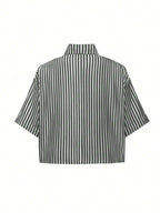 MOOSTA Striped Cropped Relaxed Casual Women Oversized Cuffed Sleeve Blouse shein