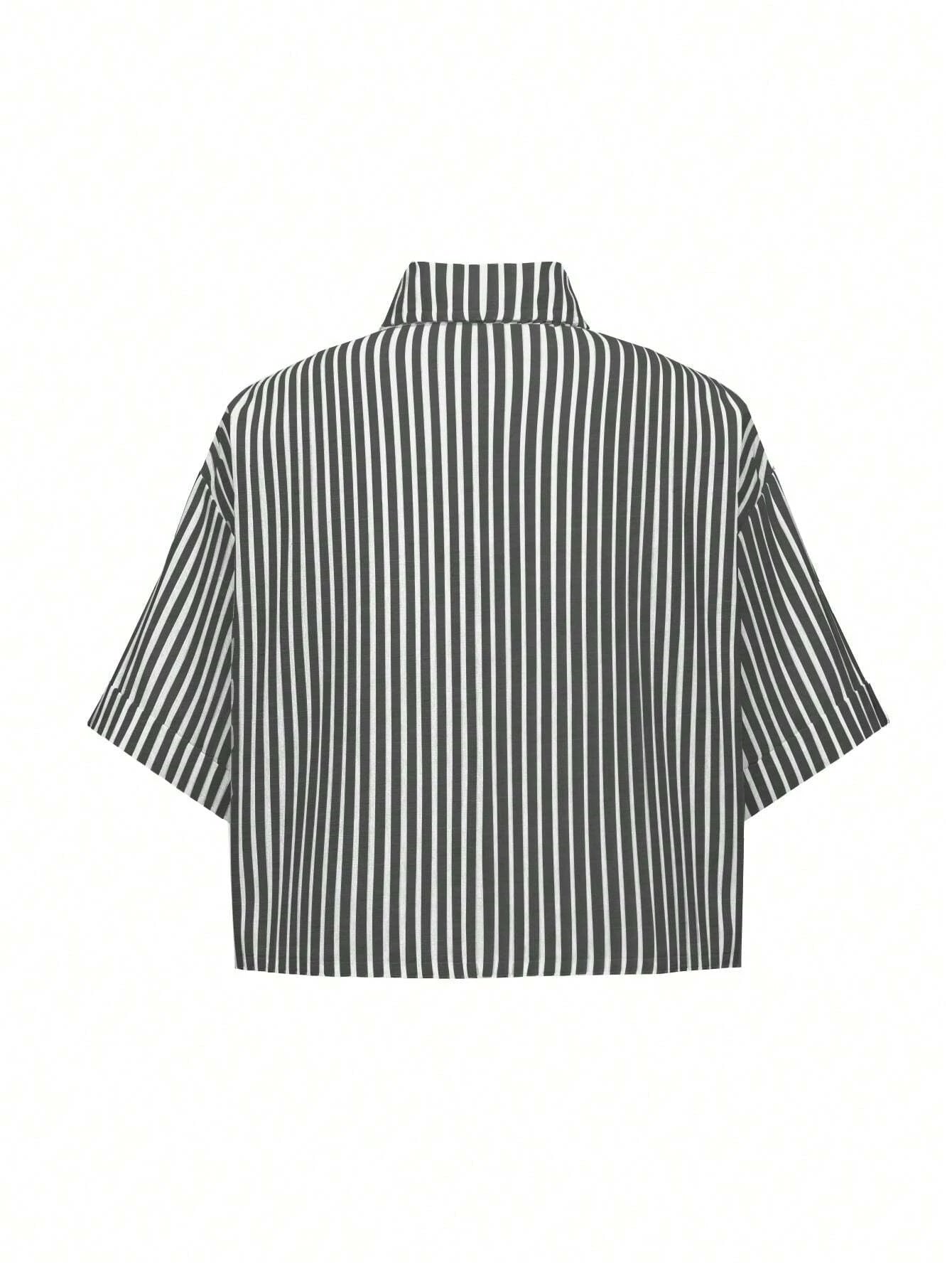 MOOSTA Striped Cropped Relaxed Casual Women Oversized Cuffed Sleeve Blouse shein