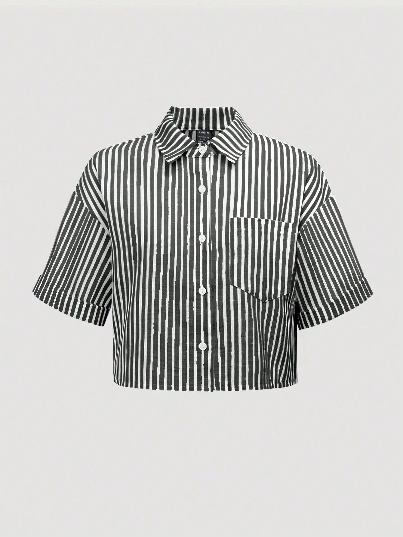 MOOSTA Striped Cropped Relaxed Casual Women Oversized Cuffed Sleeve Blouse shein