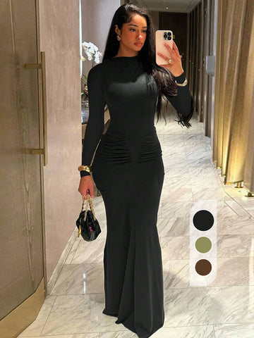 Fashionable Pleated Round Neck Long Sleeve Bodycon Dress