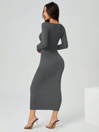 PETITE Autumn Wear Solid Color Square Neck Tight Black Long-Sleeved Dress shein
