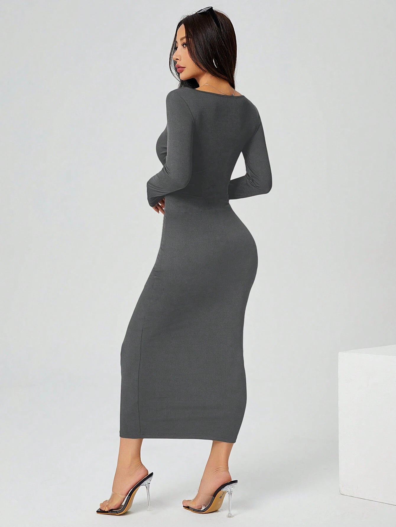 PETITE Autumn Wear Solid Color Square Neck Tight Black Long-Sleeved Dress shein