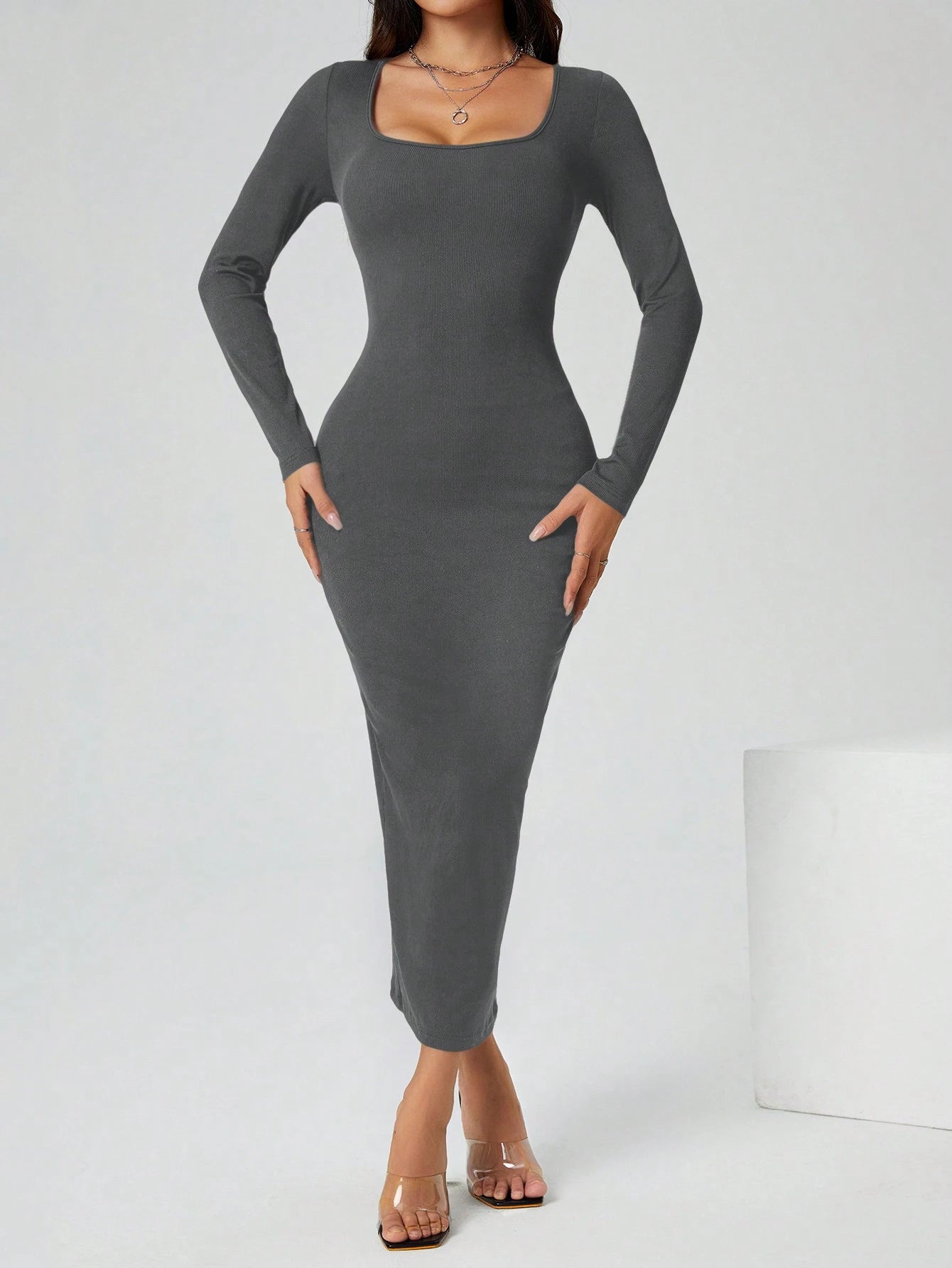 PETITE Autumn Wear Solid Color Square Neck Tight Black Long-Sleeved Dress shein
