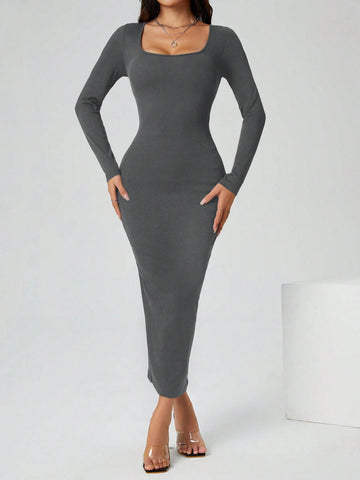 PETITE Autumn Wear Solid Color Square Neck Tight Black Long-Sleeved Dress