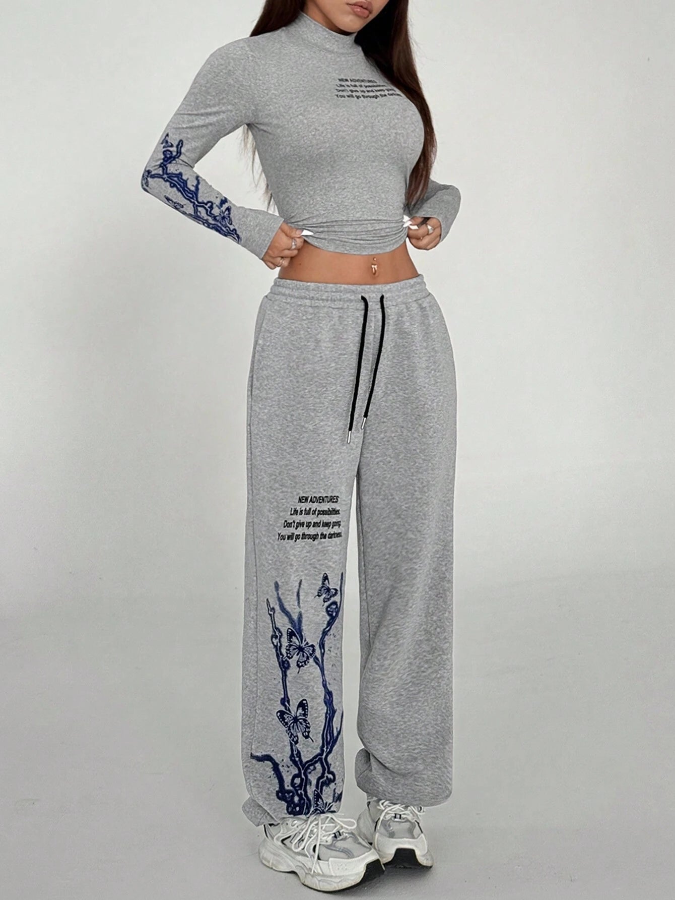 HypeZone Slogan Graphic Mock Neck Tee & Drawstring Waist Sweatpants shein