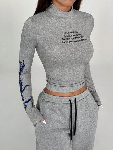 HypeZone Slogan Graphic Mock Neck Tee & Drawstring Waist Sweatpants