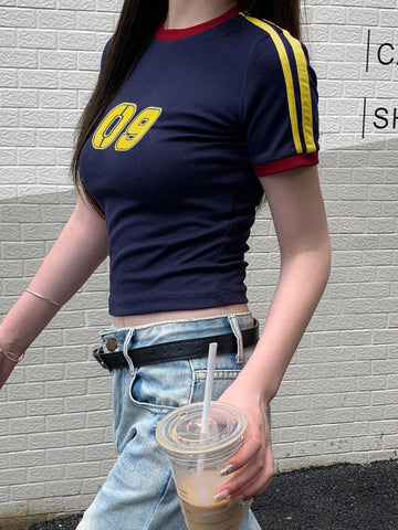 DAZY Women's Colorblock Striped Print Casual Short Sleeve Sports T-Shirt