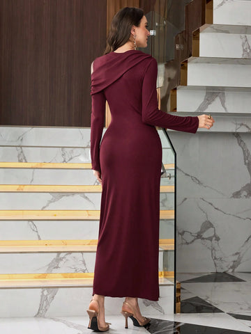 Women's Asymmetrical One Shoulder Ruched Waist Long Sleeve Dress