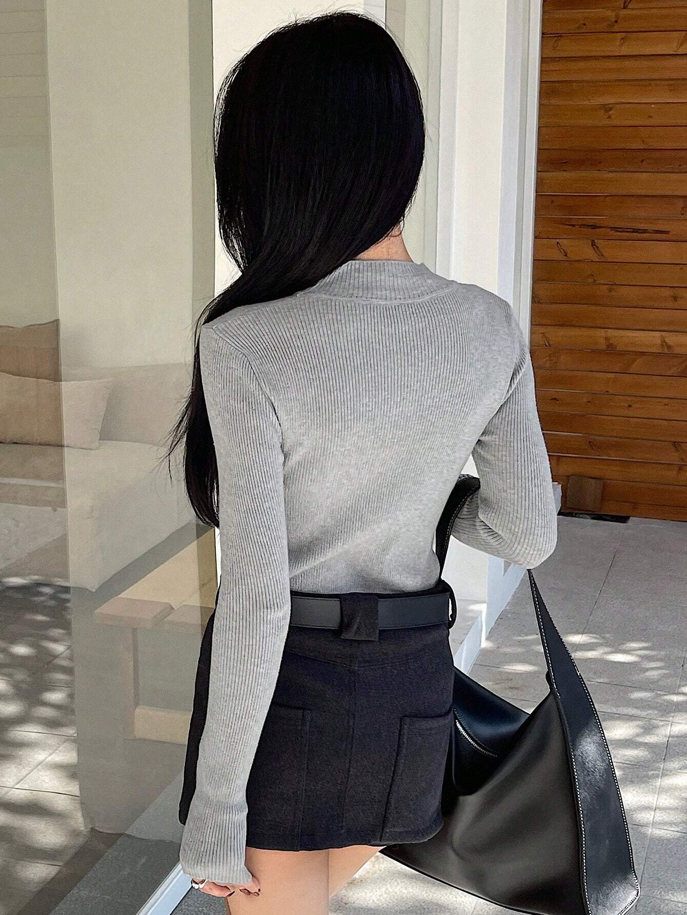 DAZY Women's Solid Stand Collar Long Sleeve Casual Business Pullover Sweater shein