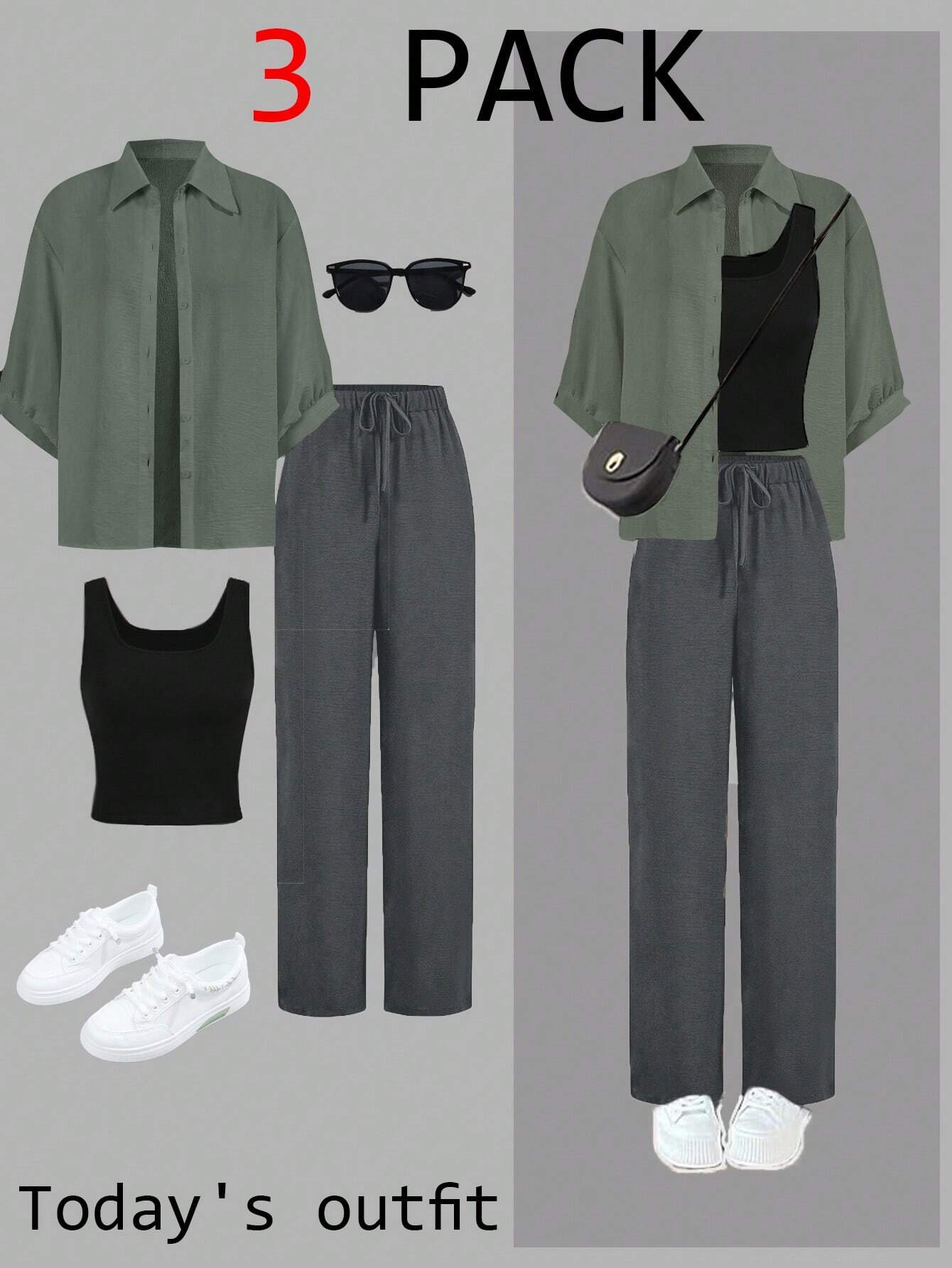 Luneh Square Neck Fitted Crop Top With Elastic Waist Bowknot Belt And Wide-Leg Pants + Vintage Leopard Print Button-Up Shirt shein