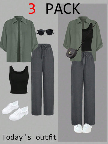 Luneh Square Neck Fitted Crop Top With Elastic Waist Bowknot Belt And Wide-Leg Pants + Vintage Leopard Print Button-Up Shirt
