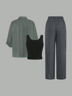 Luneh Square Neck Fitted Crop Top With Elastic Waist Bowknot Belt And Wide-Leg Pants + Vintage Leopard Print Button-Up Shirt shein