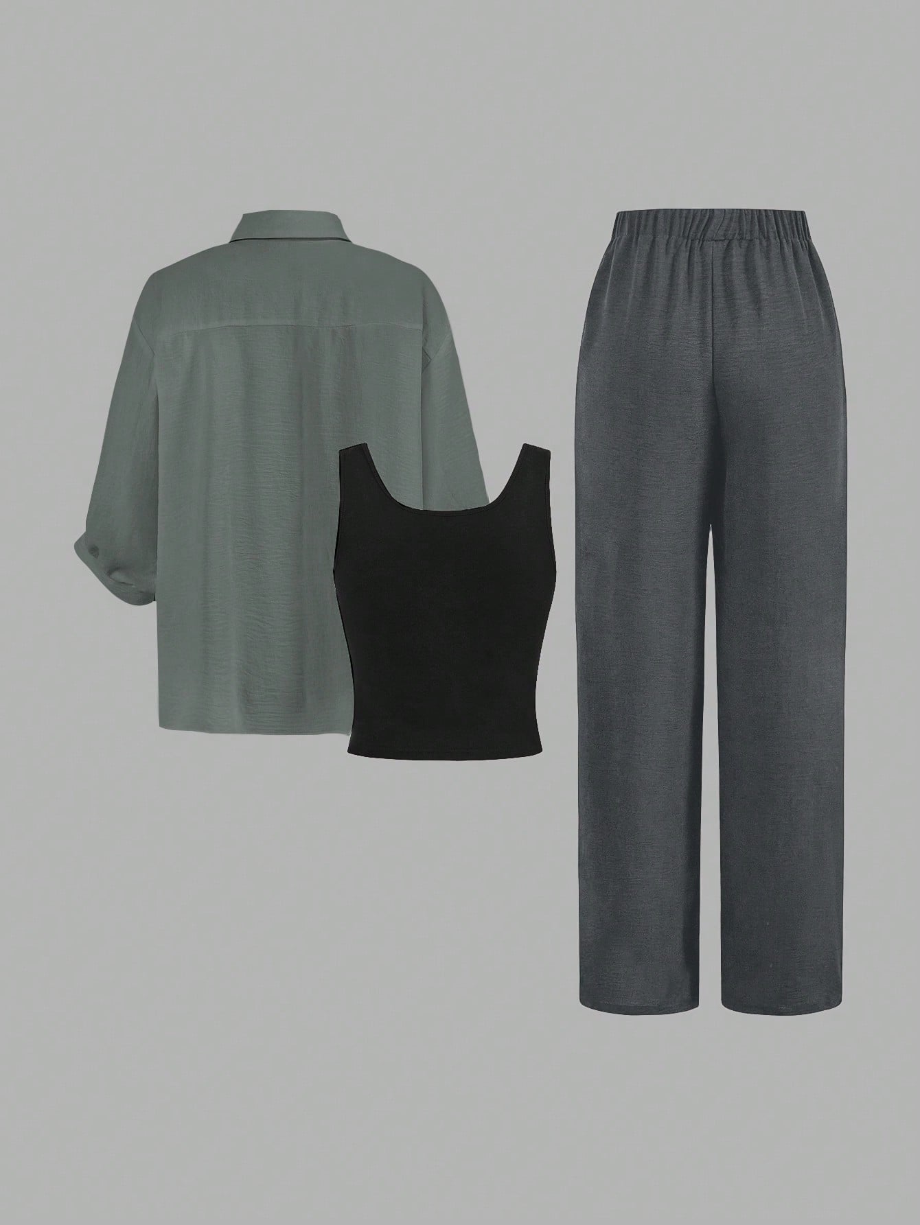 Luneh Square Neck Fitted Crop Top With Elastic Waist Bowknot Belt And Wide-Leg Pants + Vintage Leopard Print Button-Up Shirt shein