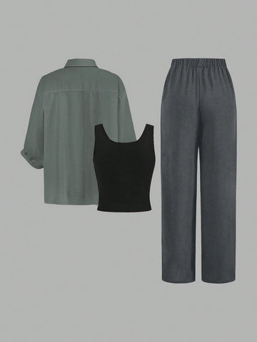 Luneh Square Neck Fitted Crop Top With Elastic Waist Bowknot Belt And Wide-Leg Pants + Vintage Leopard Print Button-Up Shirt