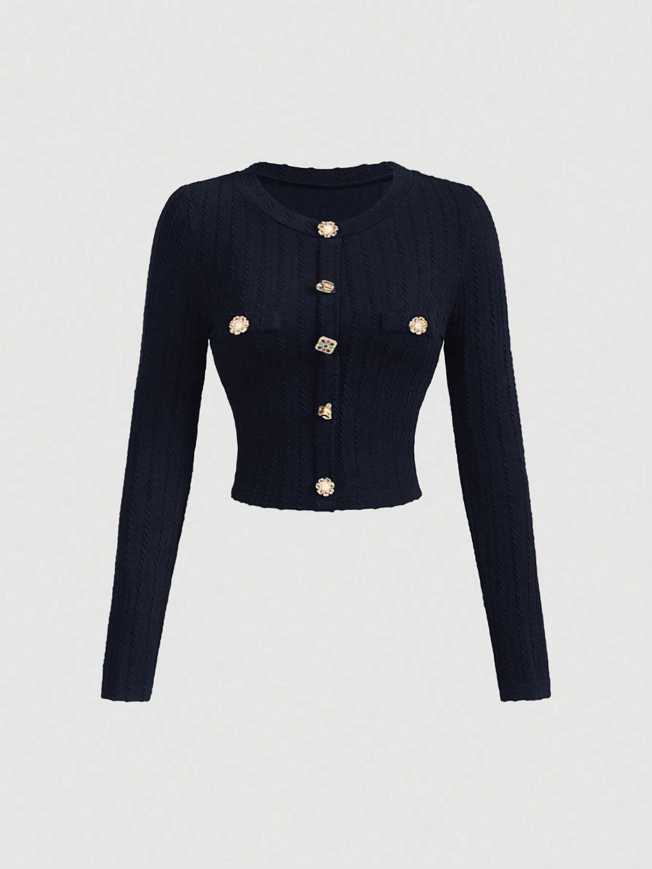 MOD Black Elegant Round Neck Metal Button Bell Sleeve T-Shirt shein