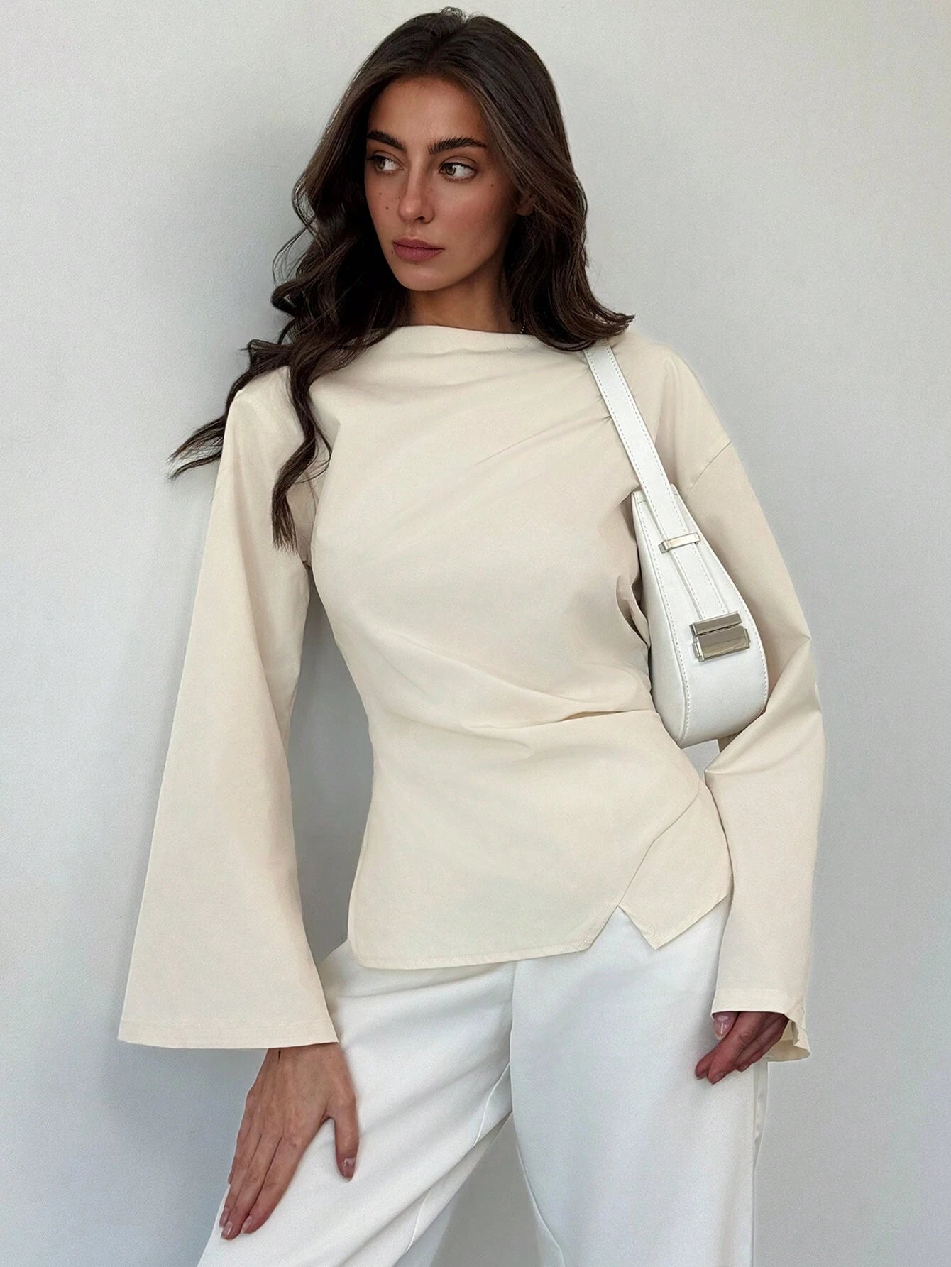 Aloruh Scoop Neck Flared Sleeve Cropped Office Lady Blouse shein