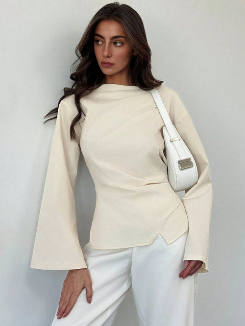 Aloruh Scoop Neck Flared Sleeve Cropped Office Lady Blouse shein