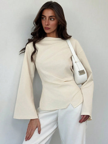 Aloruh Scoop Neck Flared Sleeve Cropped Office Lady Blouse