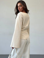 Aloruh Scoop Neck Flared Sleeve Cropped Office Lady Blouse shein
