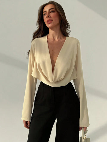 Aloruh Office Wear Deep Draped Neck Sexy Slim Fit Long Sleeve Blouse