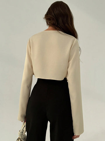Aloruh Office Wear Deep Draped Neck Sexy Slim Fit Long Sleeve Blouse