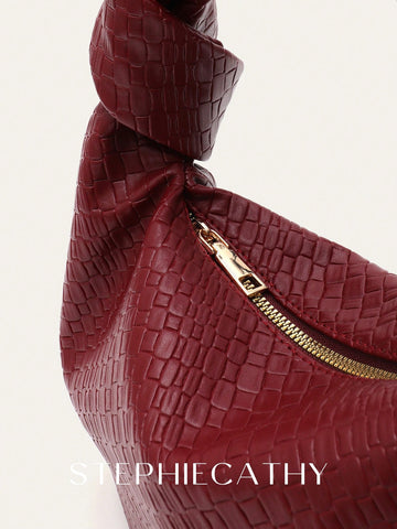 Fashionable Woven Embossed Soft PU Vegan Leather Knotted Strap Small Top-Handle Shoulder Hobo Bag