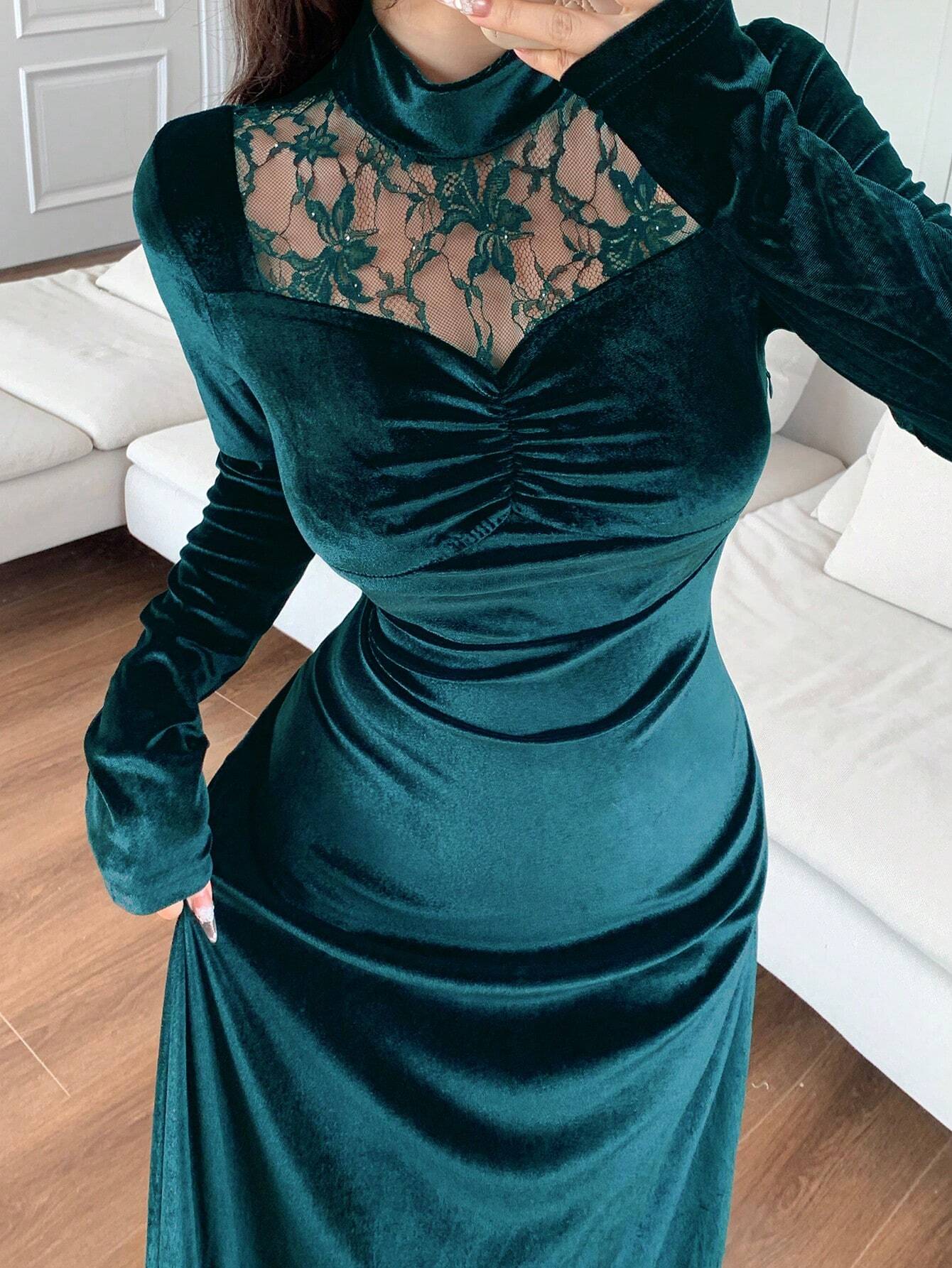 Modely Women's Stand Collar Long Sleeve Contrast Lace Ruffle Dress shein