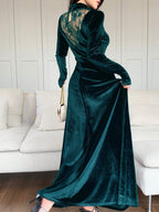 Modely Women's Stand Collar Long Sleeve Contrast Lace Ruffle Dress shein