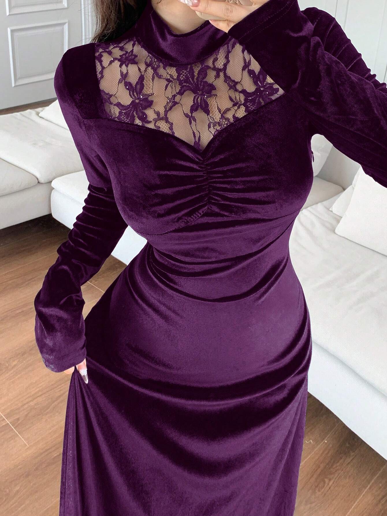 Modely Women's Stand Collar Long Sleeve Contrast Lace Ruffle Dress shein