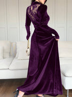 Modely Women's Stand Collar Long Sleeve Contrast Lace Ruffle Dress shein