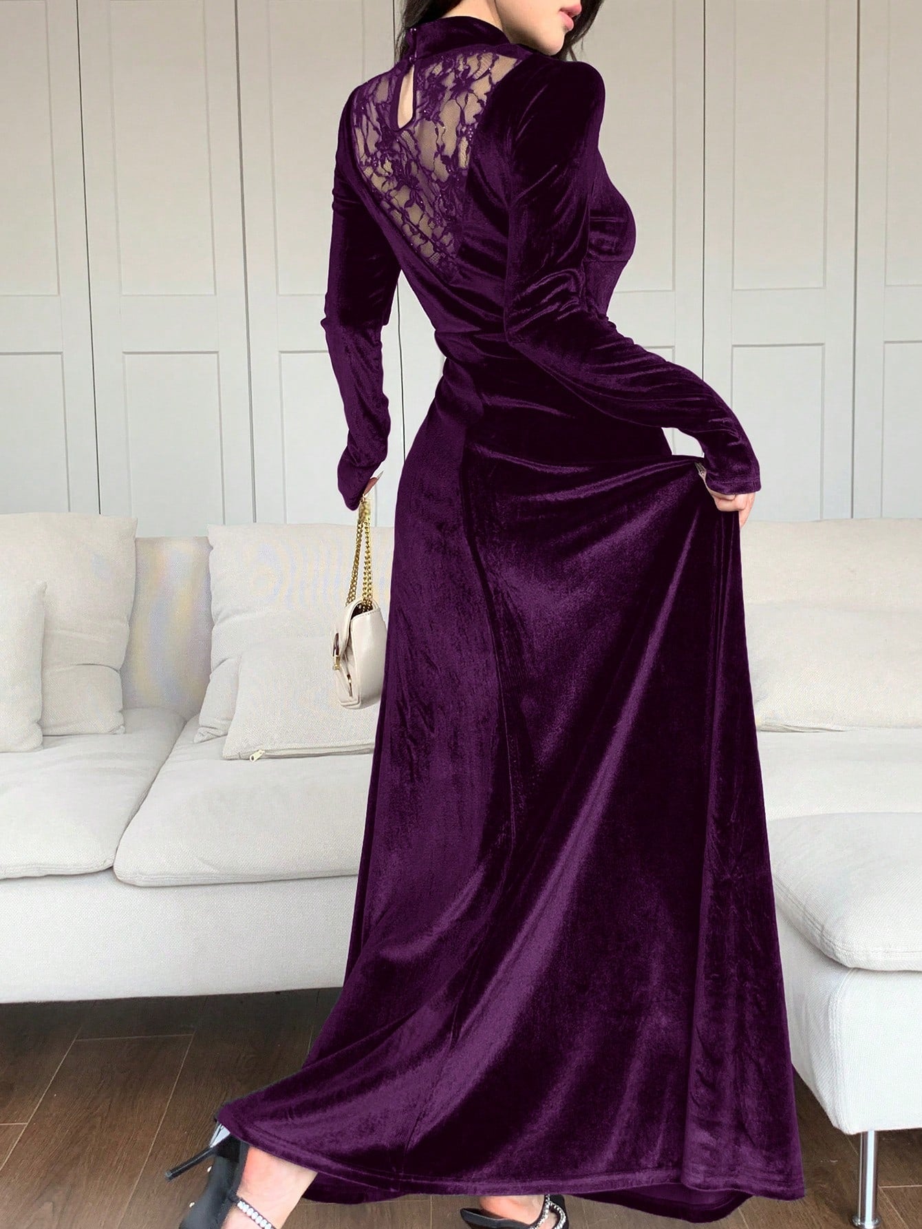 Modely Women's Stand Collar Long Sleeve Contrast Lace Ruffle Dress shein