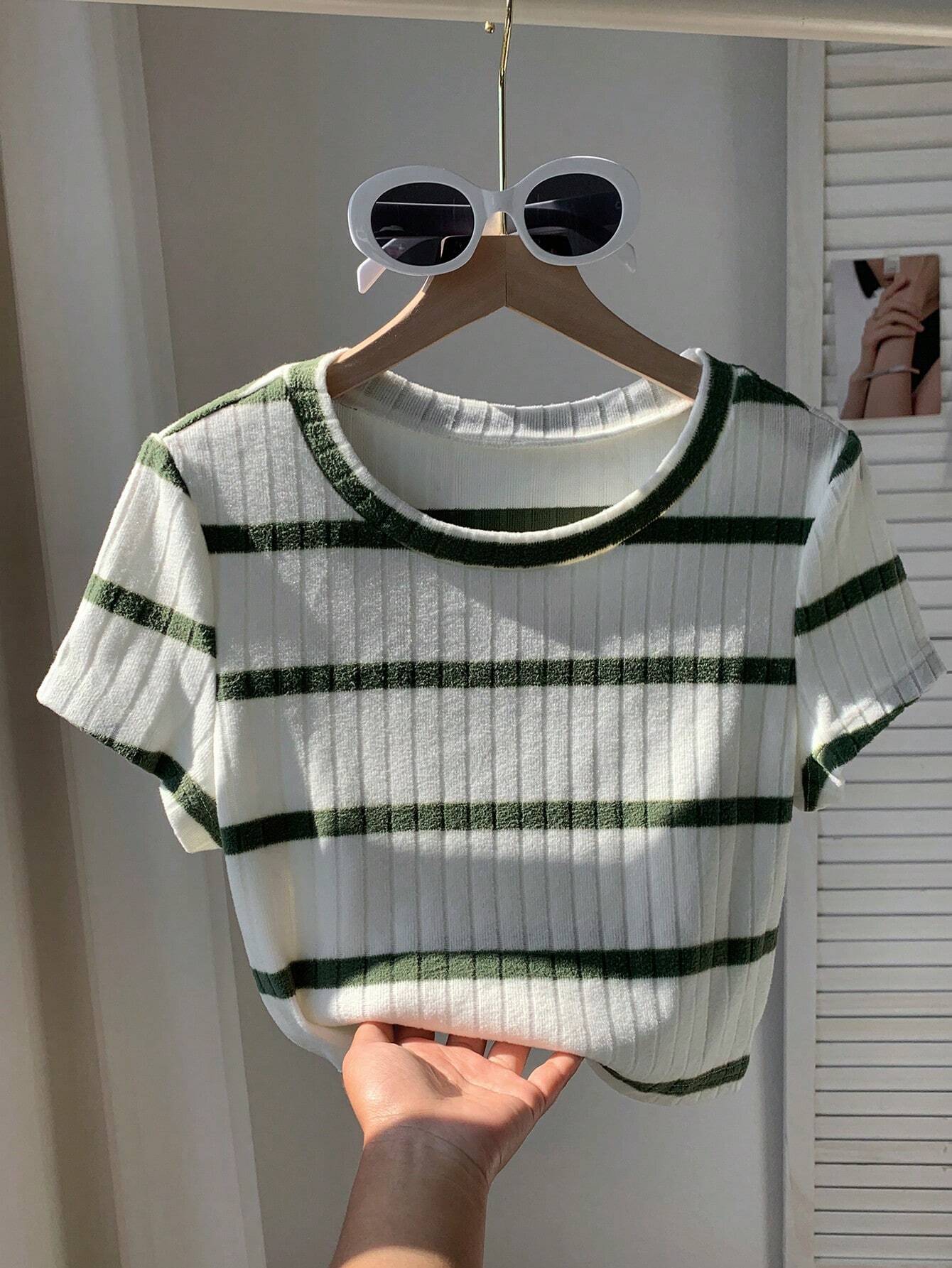 Women's Ribbed Ribbed Crew Neck T-Shirt shein