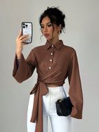 Elenzga Women's Elegant Front Button Knot Long Sleeve Blouse shein