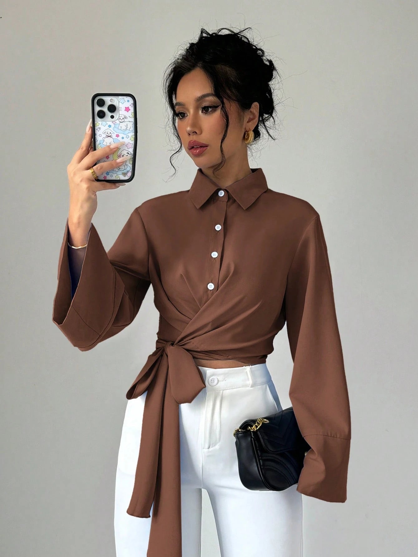Elenzga Women's Elegant Front Button Knot Long Sleeve Blouse shein