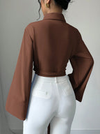 Elenzga Women's Elegant Front Button Knot Long Sleeve Blouse shein