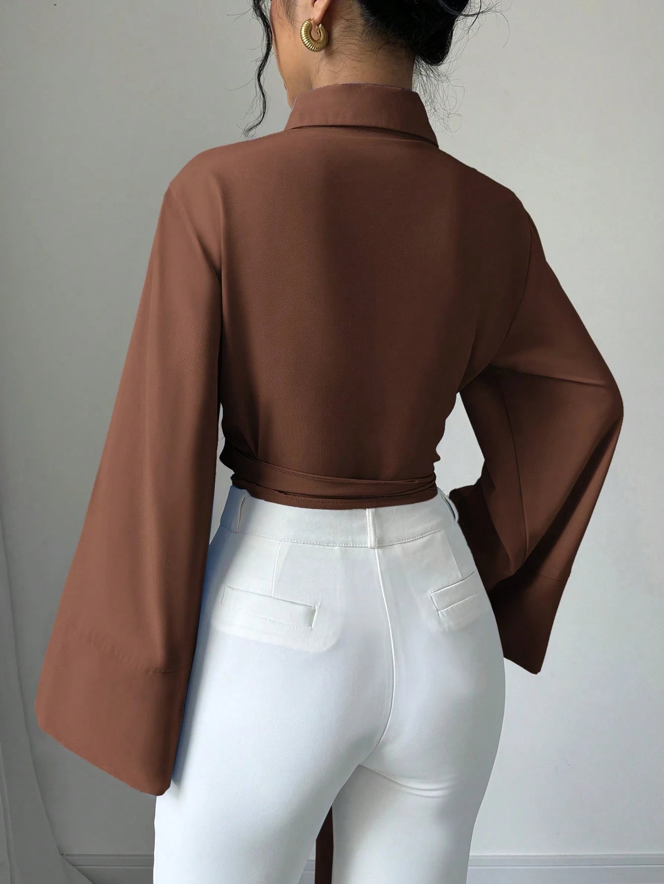 Elenzga Women's Elegant Front Button Knot Long Sleeve Blouse shein