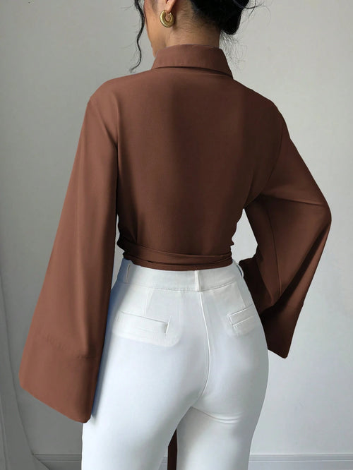 Elenzga Women's Elegant Front Button Knot Long Sleeve Blouse shein