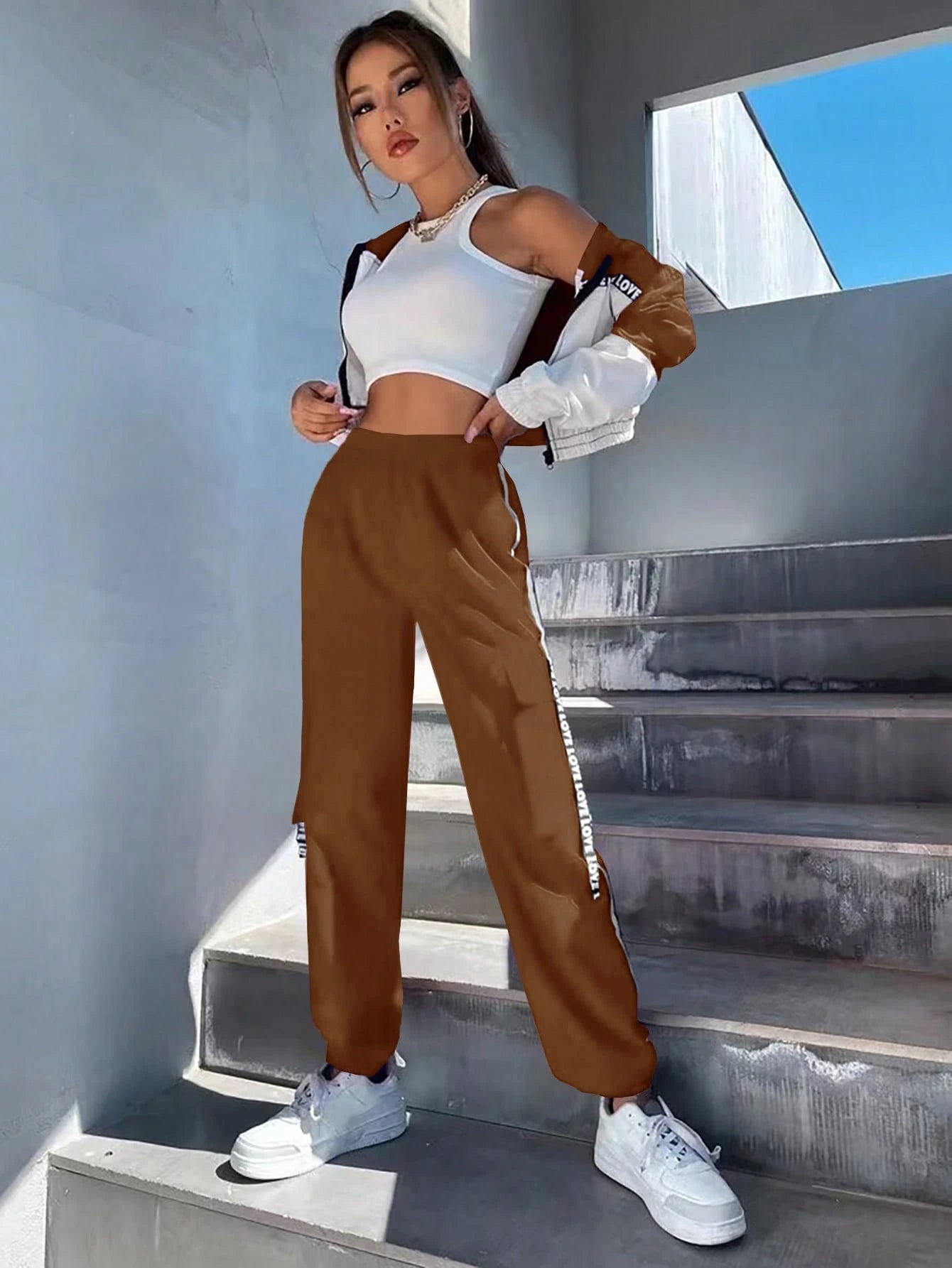 MOOSTA Two Tone Drop Shoulder Letter Tape Zipper Up Jacket & Cargo Pants shein
