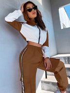 MOOSTA Two Tone Drop Shoulder Letter Tape Zipper Up Jacket & Cargo Pants shein