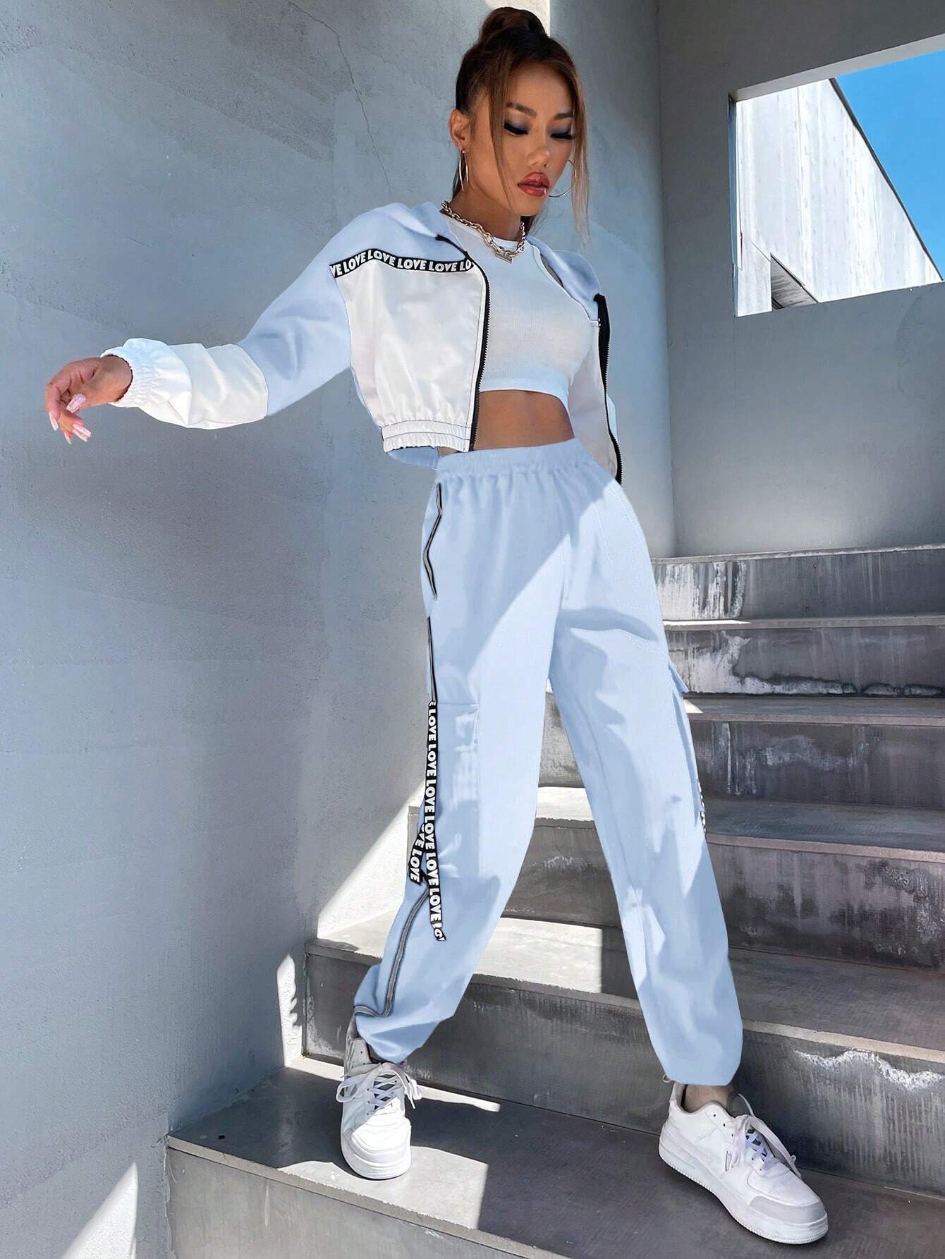 MOOSTA Two Tone Drop Shoulder Letter Tape Zipper Up Jacket & Cargo Pants shein