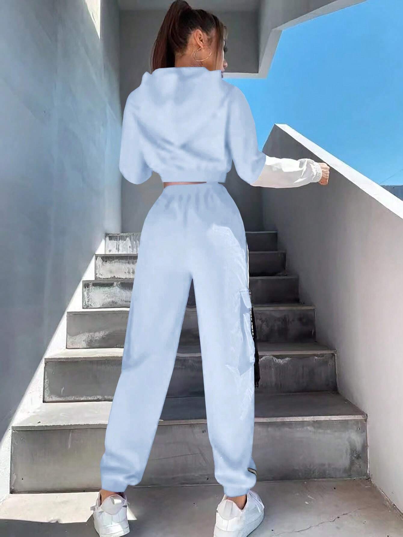MOOSTA Two Tone Drop Shoulder Letter Tape Zipper Up Jacket & Cargo Pants shein
