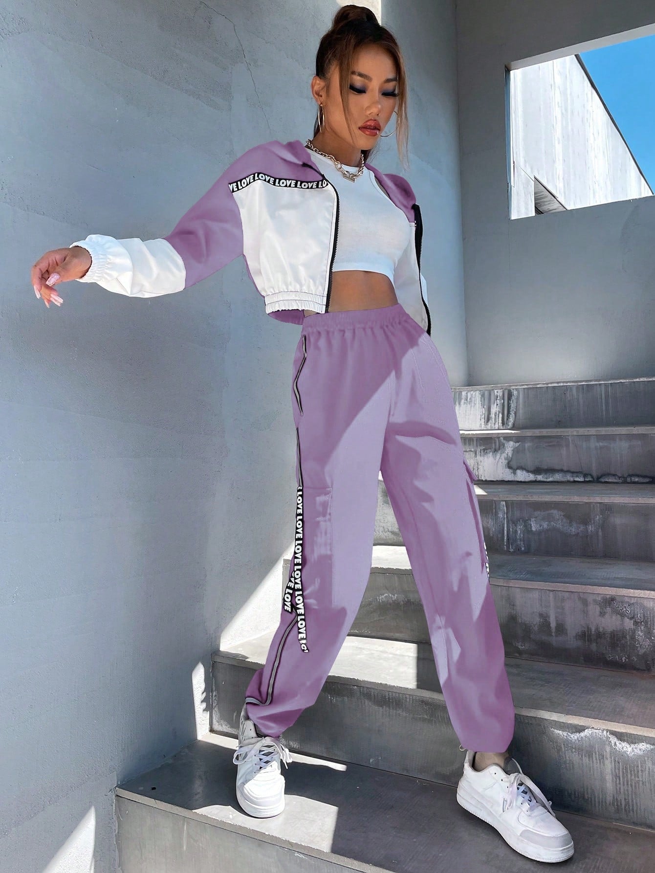 MOOSTA Two Tone Drop Shoulder Letter Tape Zipper Up Jacket & Cargo Pants shein